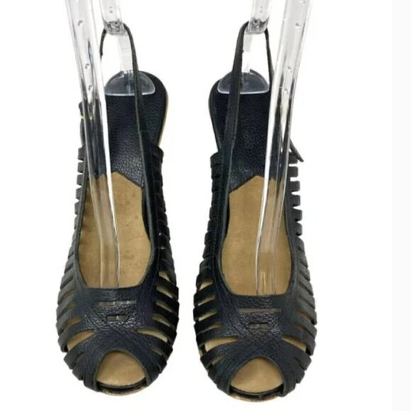 Michael Kors Black Huarache Leather Slingback Peep Toe Platform Sandal  Size 9 - Picture 4 of 9